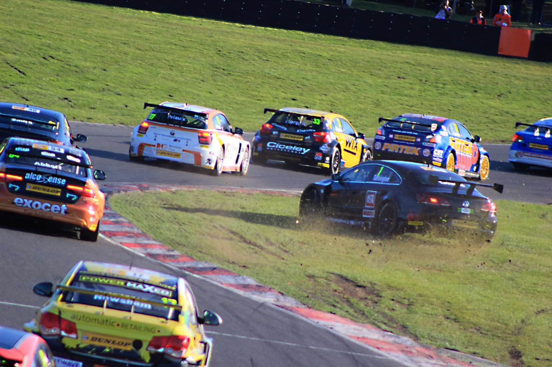 Colin Turkington recovered from this scary moment in race three at Brands. Picture: Joe Wright