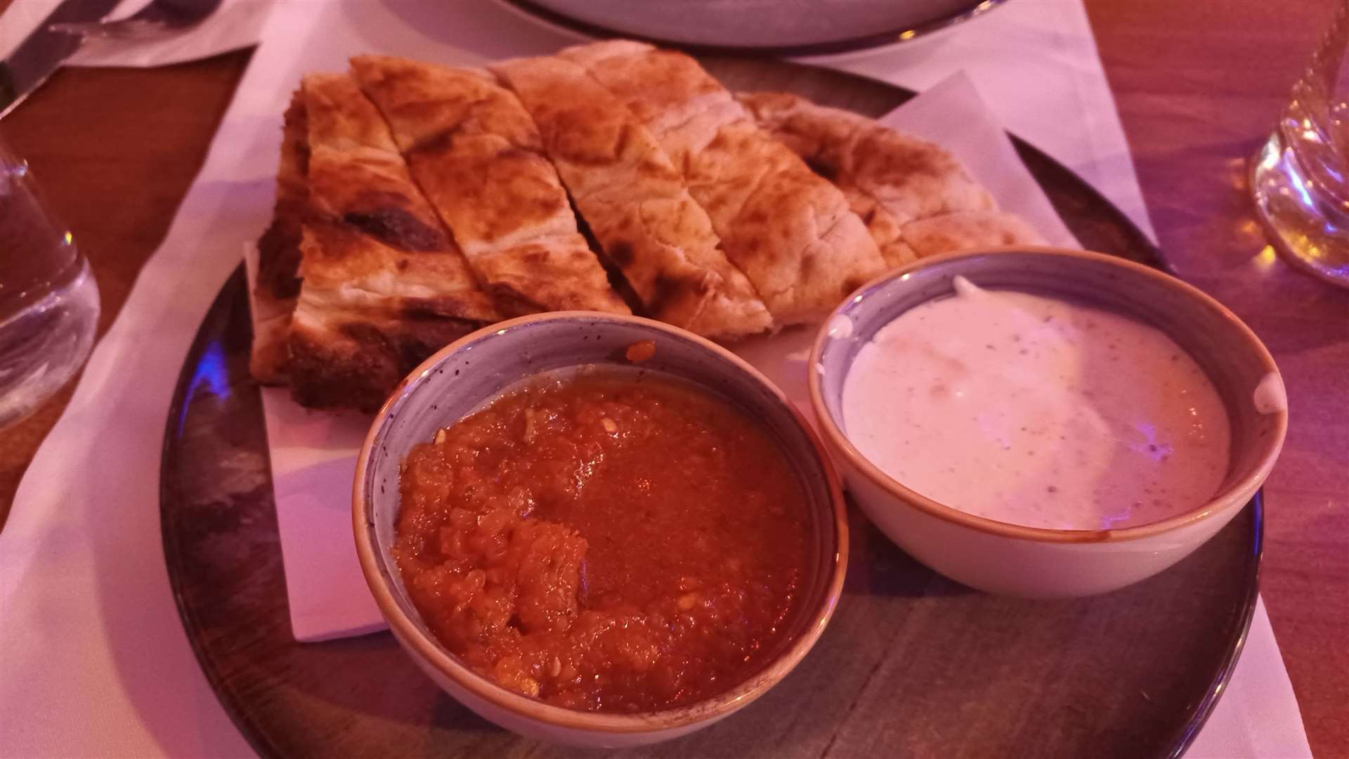 Every table was given Turkish bread and dips