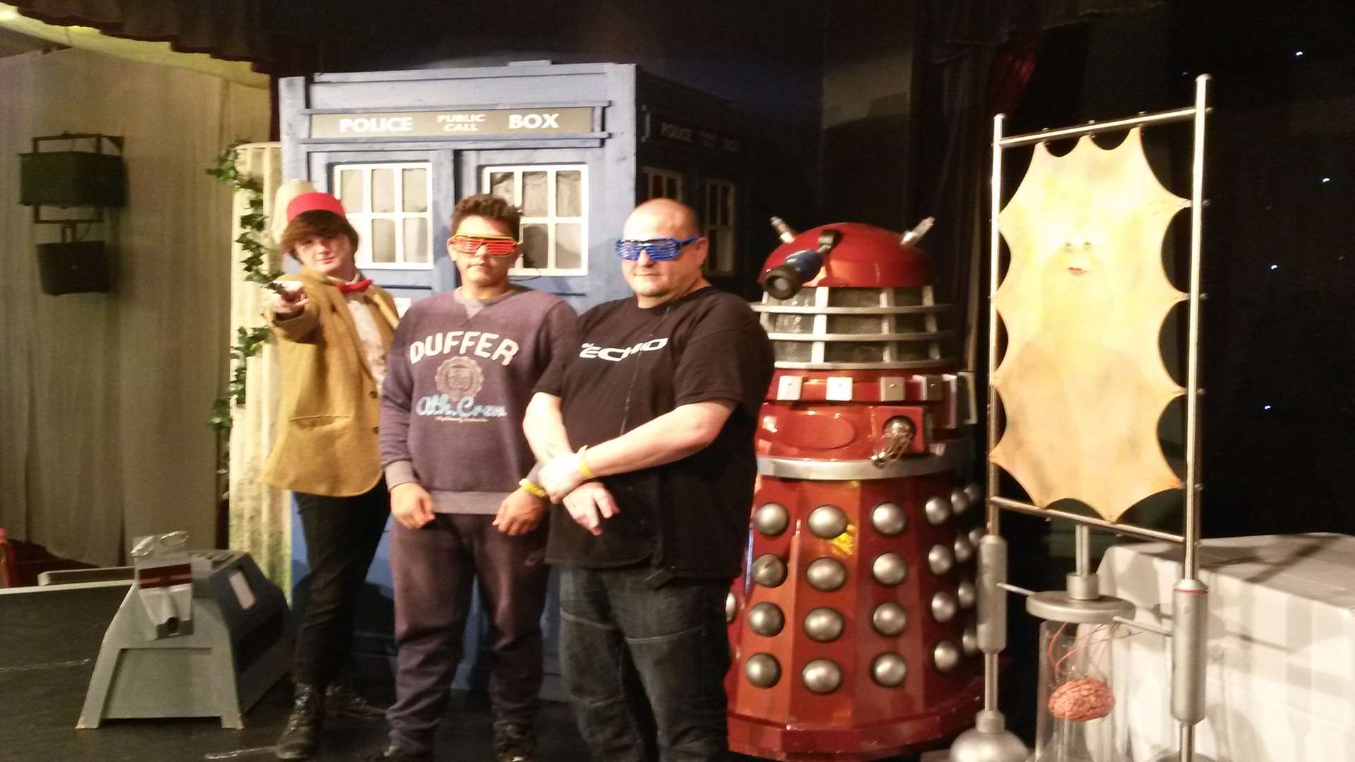 "Dr Who" Jason Hodgson, DJ Echo and DJ Echo Jr on stage at Thanet Cosplay's Dr Who exhibition.