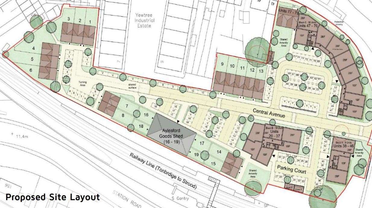 The proposed site layout for the 74 new homes and conversion of a Grade II-listed building into four apartments at Millhall Depot, Aylesford. Photo: Clague Architects for Castledene Transport