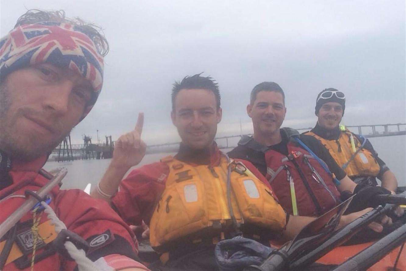 The Sleeping Giant Media team, from left, Luke Quilter,Tom Barry, Lee Hutton and Anthony Klokkou, who kayaked for five days around the 150 mile Kent coast to raise money for Combat Stress