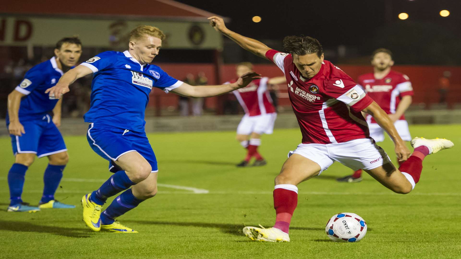 Joe Howe gets a shot away during Ebbsfleet's FA Cup defeat to Chelmsford Picture: Andy Payton