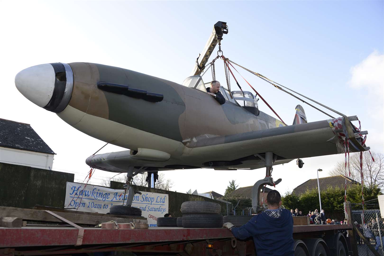 The replical Boulton Paul Defiant warplane, lowered into the Kent Battle of Britain Museum in Hawkinge.