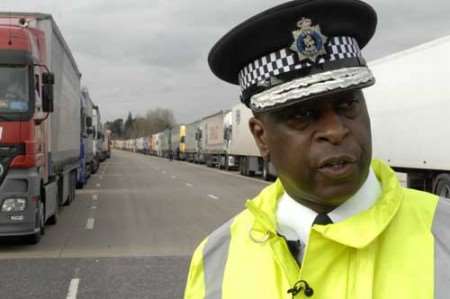 Ch Const Mike Fuller standing with the queues of lorries on Thursday. Picture: GRANT FALVEY