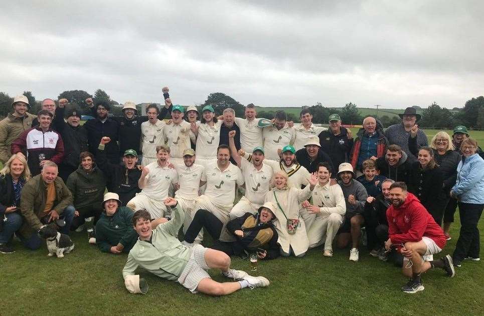 Leeds & Broomfield celebrate after booking their place at the National Village Cup Final on Sunday with a big victory at Grampound Road