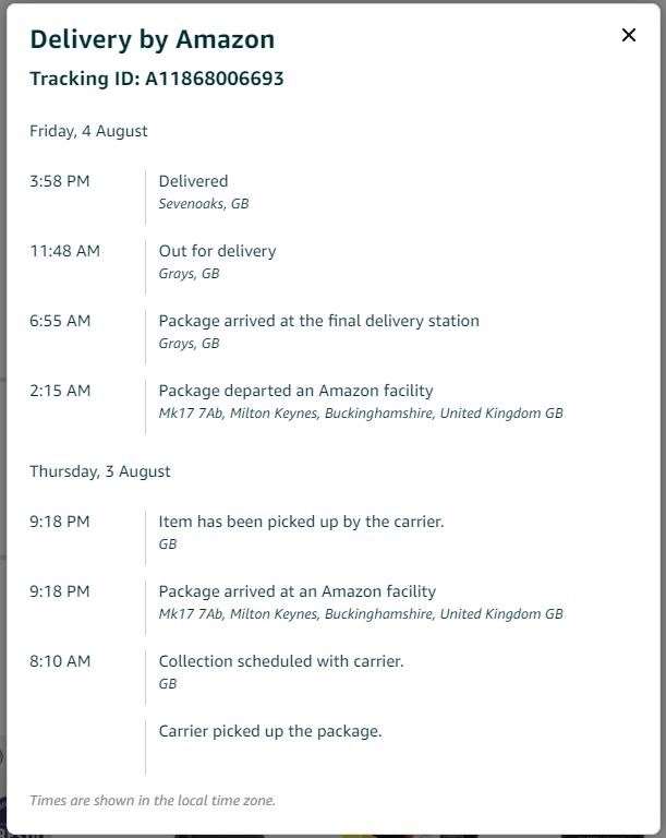 The tracking note says it was delivered at 3.58pm on Friday, August 4