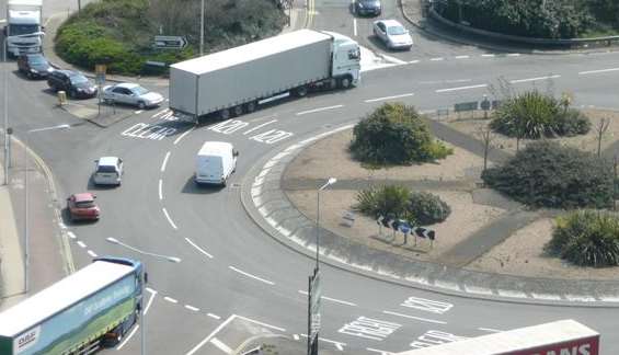 BEFORE: The Limekiln Street roundabout on the A20 at Dover before the road markings were changed.