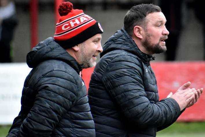 Chatham assistant Danny Kedwell on the sidelines alongside boss Kevin Hake. Picture: Randolph File