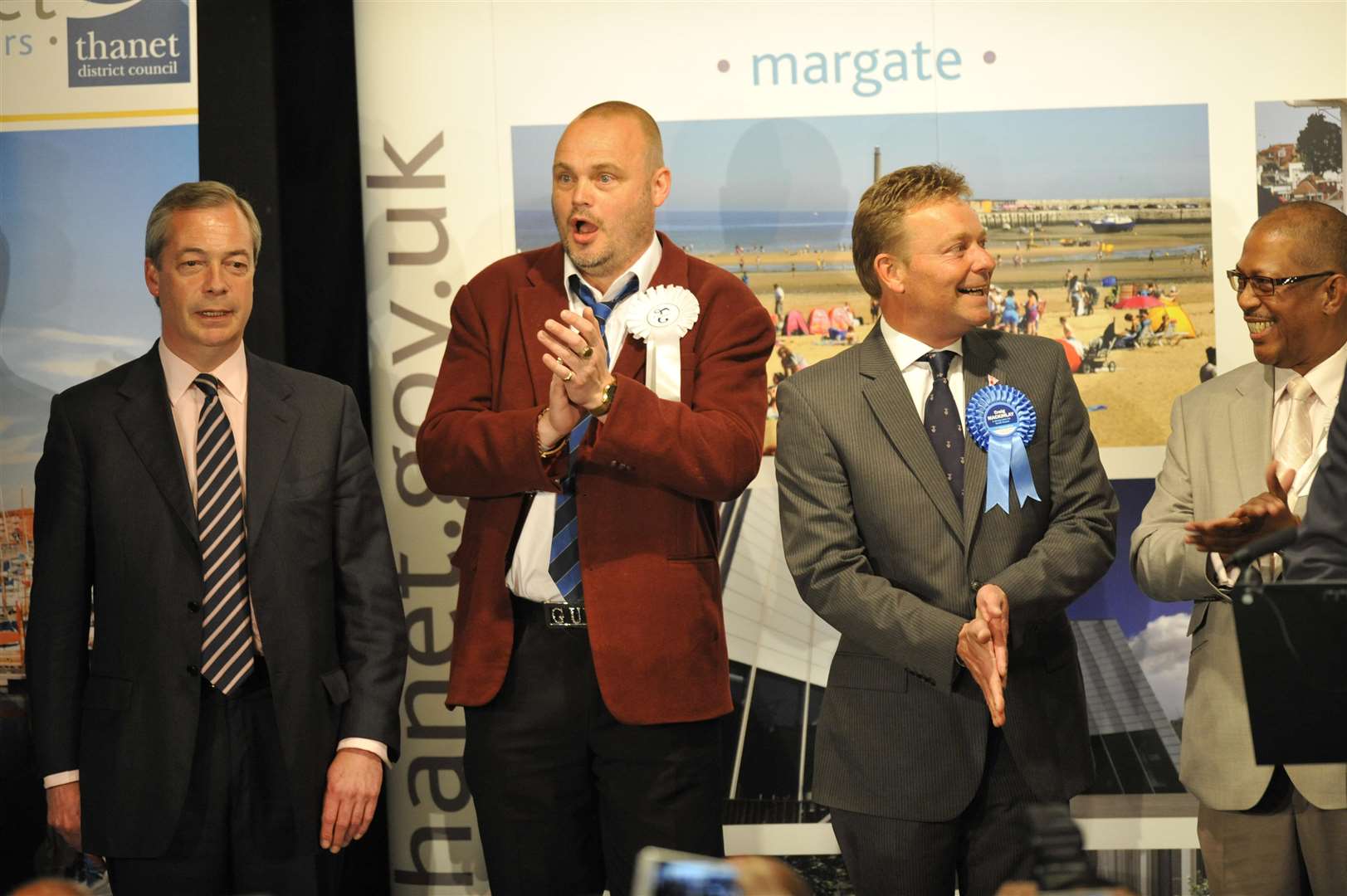 Craig Mackinlay after the result was announced in 2015 defeating Nigel Farage, left, and comedian Al Murray