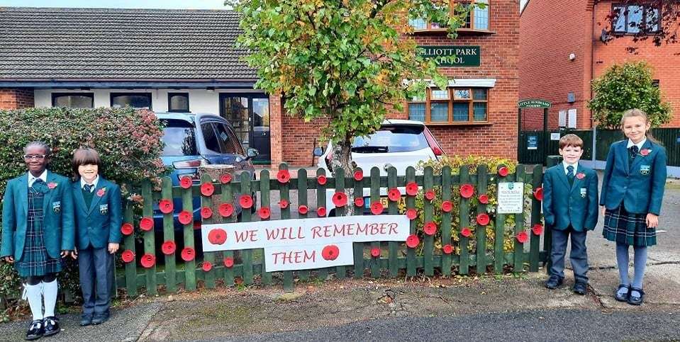 Pupils and their poppies on the front fence of Elliott Park independent primary school in Marina Drive, Minster, Sheppey