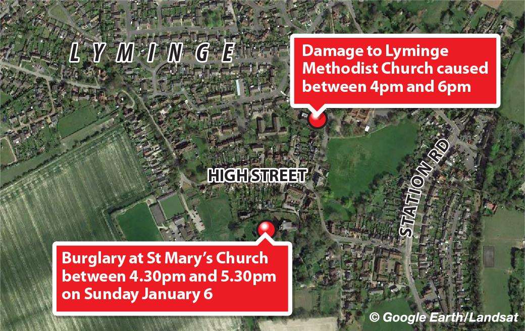 Graphic showing Lyminge church break ins being linked (6398755)