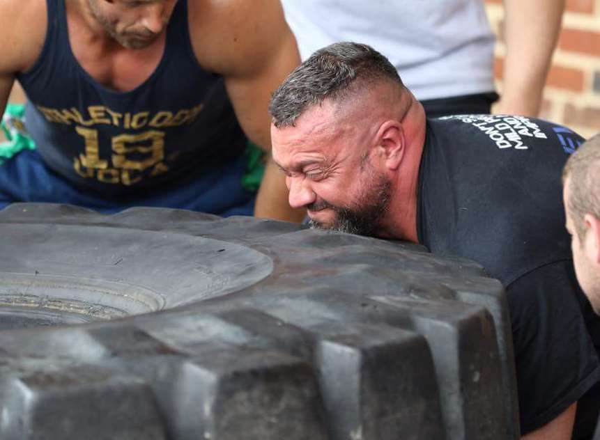 Andy Gower, owner of the Evolution Strength and Fitness gym in Aylesford, attempted to beat the World Record tyre flip. Photo by Stuart Barham