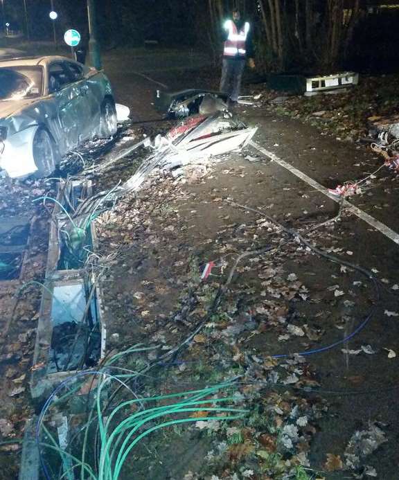 The silver car smashed into the junction box on Albemarle Road, in Lordswood