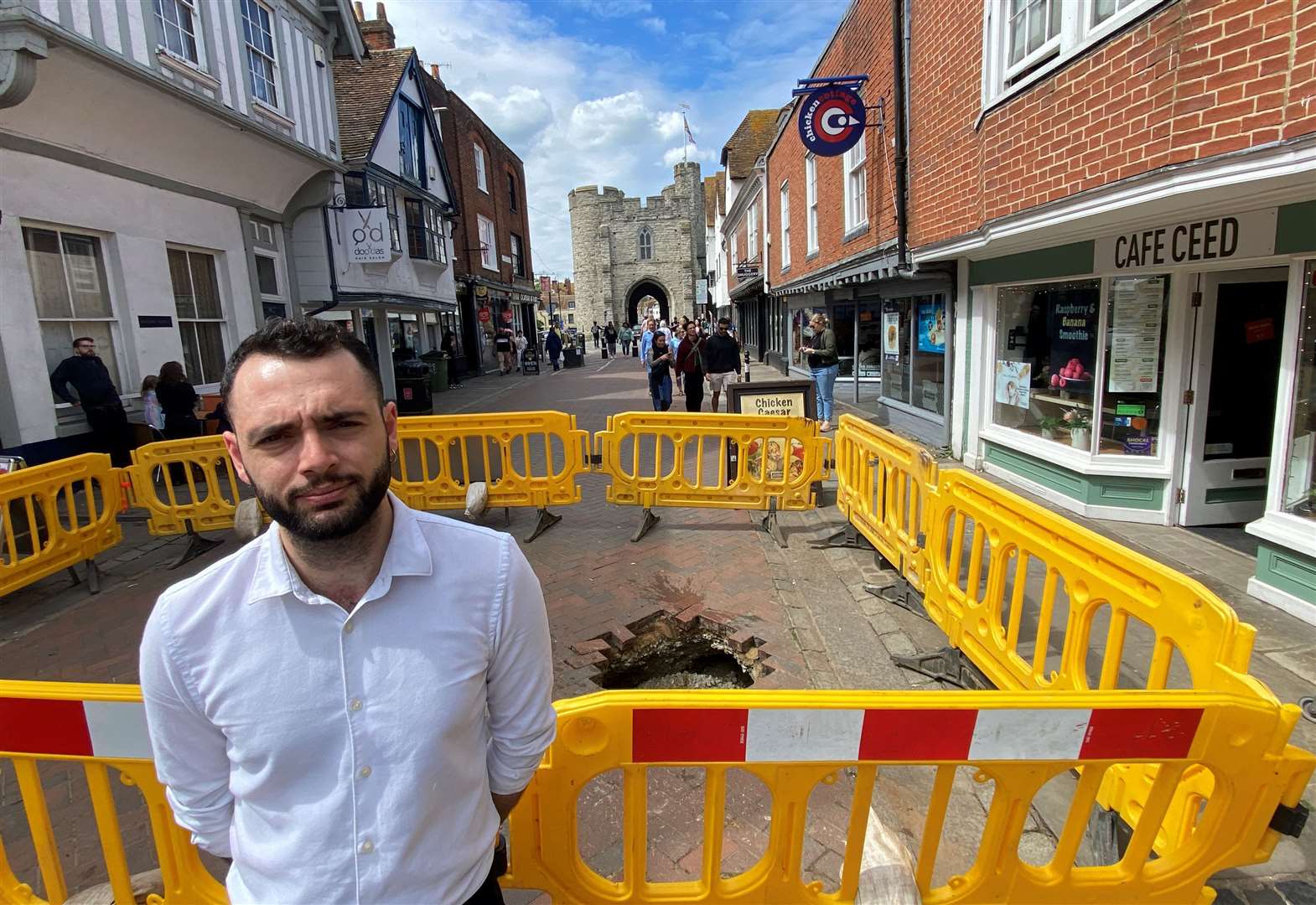 Mezze manager Antontio Coppola was disappointed to find a large hole had appeared in St Peter's Street, Canterbury, this morning