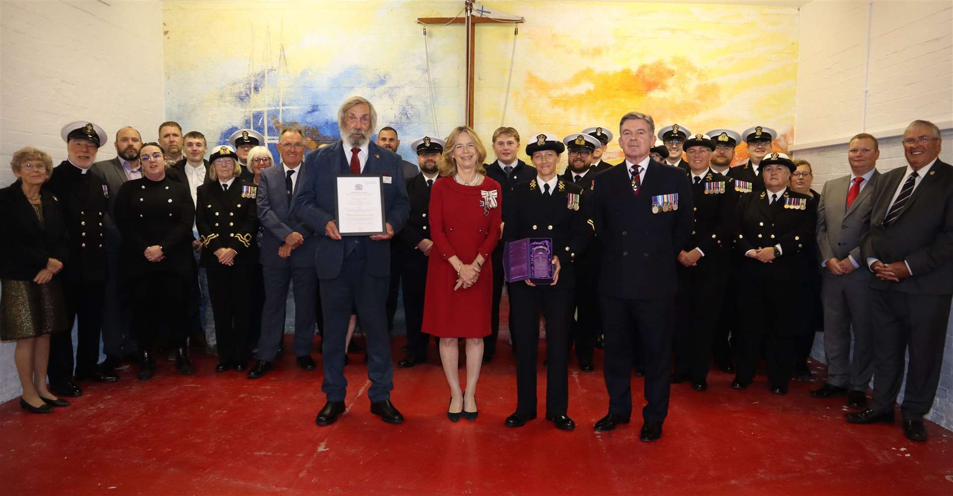 Lord Lieutenant of Kent Lady Colgrain with the Queen's Award for Voluntary Service at Sheppey Sea Cadets' headquarters at Barton's Point, Sheerness