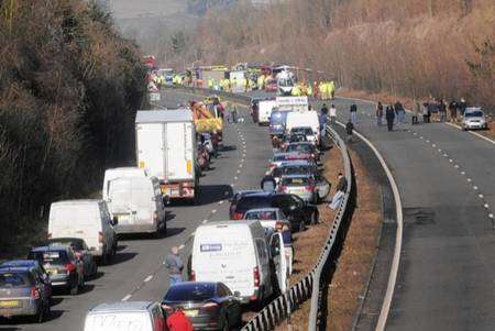 Emergency services at the scene of Wednesday's serious accident on the A2 at Bridge. Picture: Paul Dennis