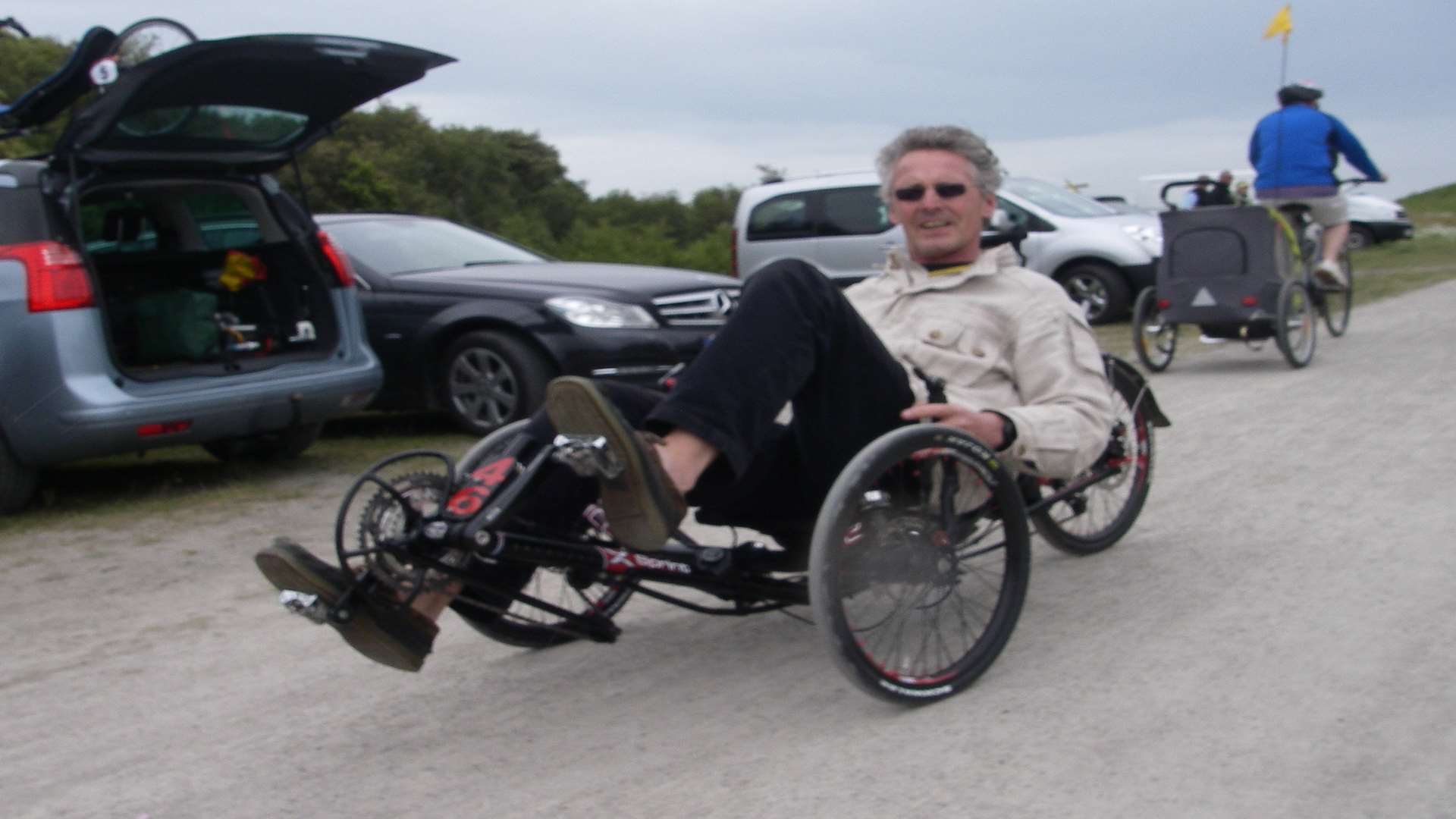 Cllr Bob Frost trying out a weird and wonderful contraption at Fowlmead, near Deal.