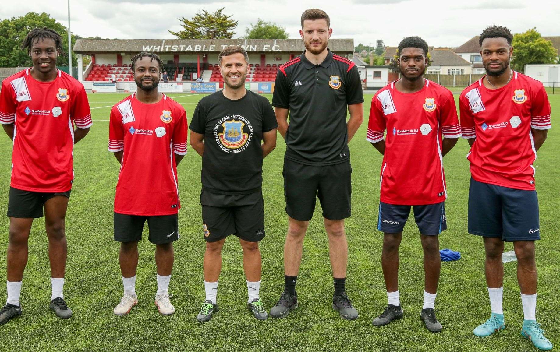Whitstable boss Marcel Nimani, third from left, with coach Craig Coles and summer signings Eri Akintimehin, Steadman Callender, Tyler Anderson and Josh Williams. Picture: Les Biggs