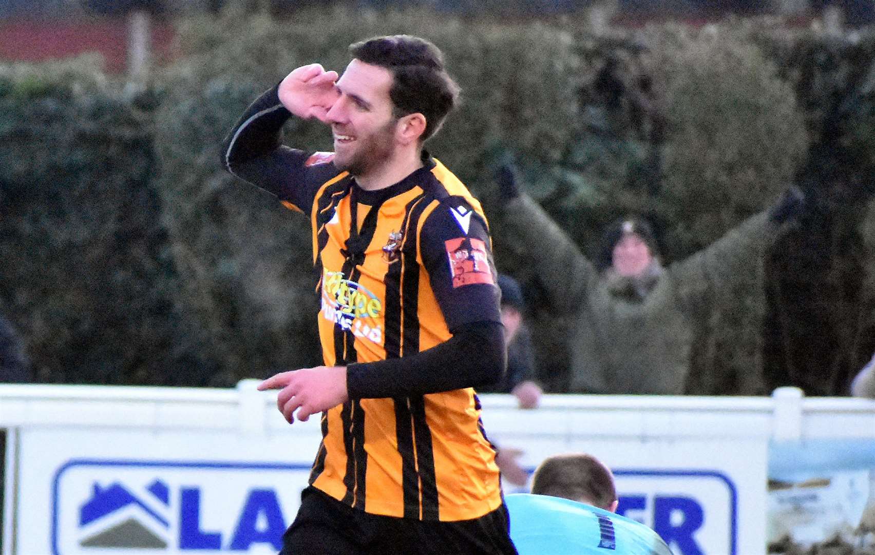 Ian Draycott celebrates his 150th club goal in Folkestone's 2-1 Isthmian Premier win over Haringey. Picture: Randolph File
