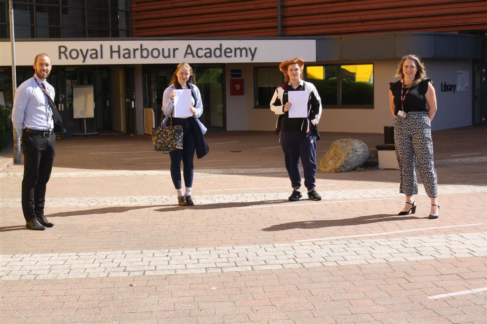 Imogen Ferguson and Rory Harkett with head of sixth form Ollie Donohoe (left) at the Royal Harbour Academy