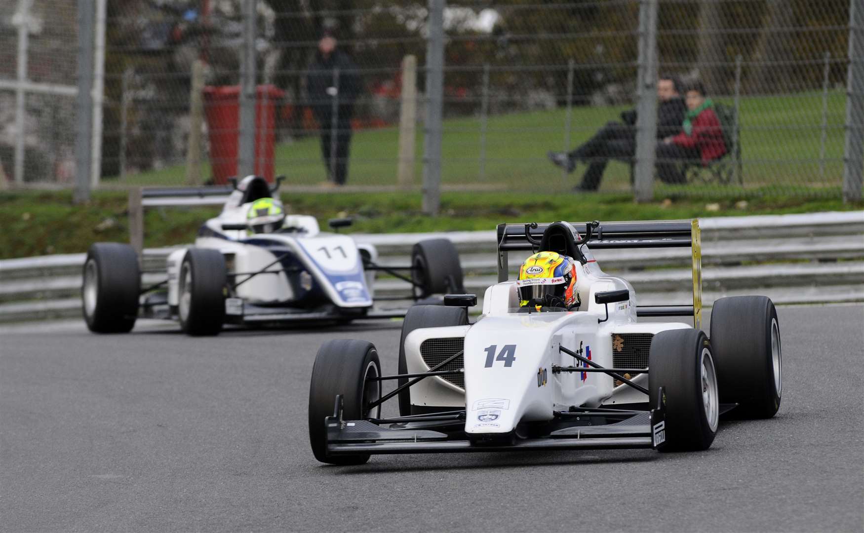 Aged just 16, Lando Norris competed in the BRDC Formula 4 Autumn Trophy at Brands Hatch in November 2015, driving for HHC Motorsport. Here, he chases 18-year-old Barnicoat through Druids in an event that attracted five starters. Picture: Simon Hildrew