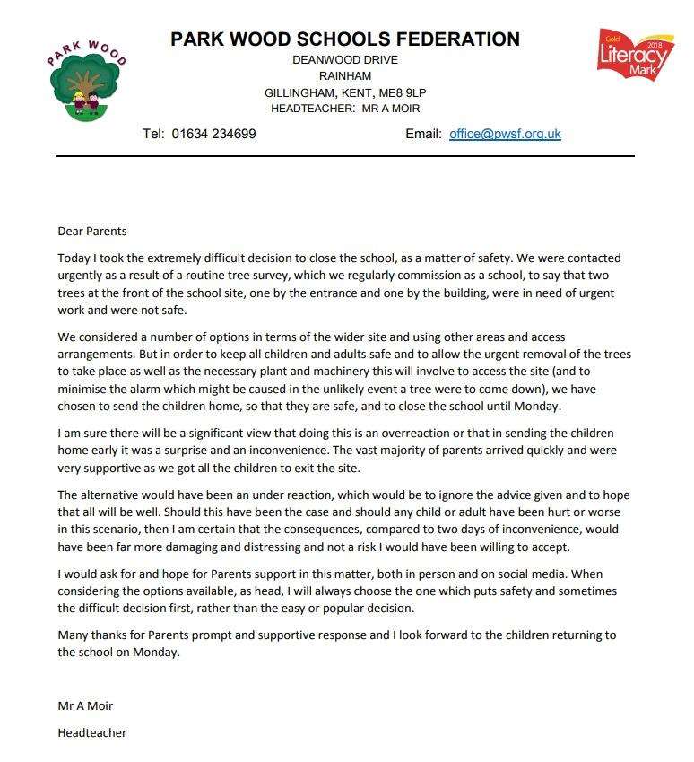 The letter Headteacher Alex Moir sent to parents about dangerous trees on school property (5868630)