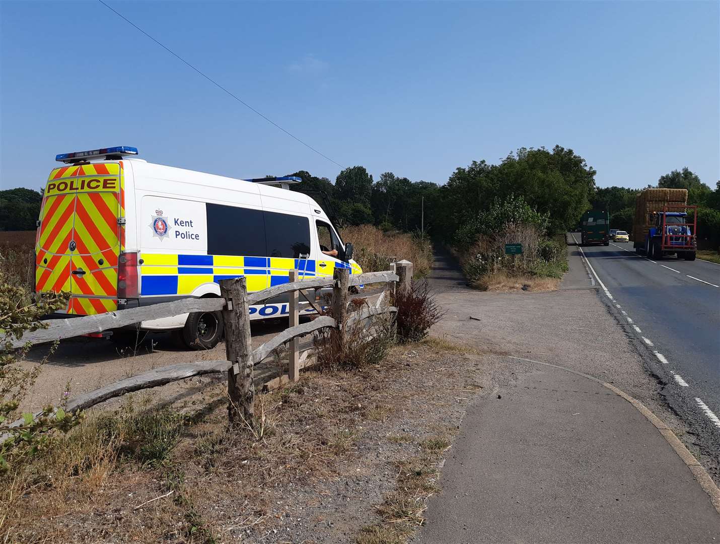 A police van parked on the A20 near Mersham on Wednesday afternoon