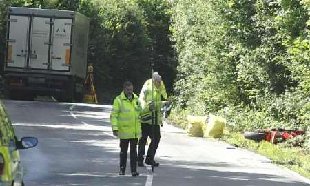 Police officers at the scene of the fatality. Picture: JOHN WARDLEY