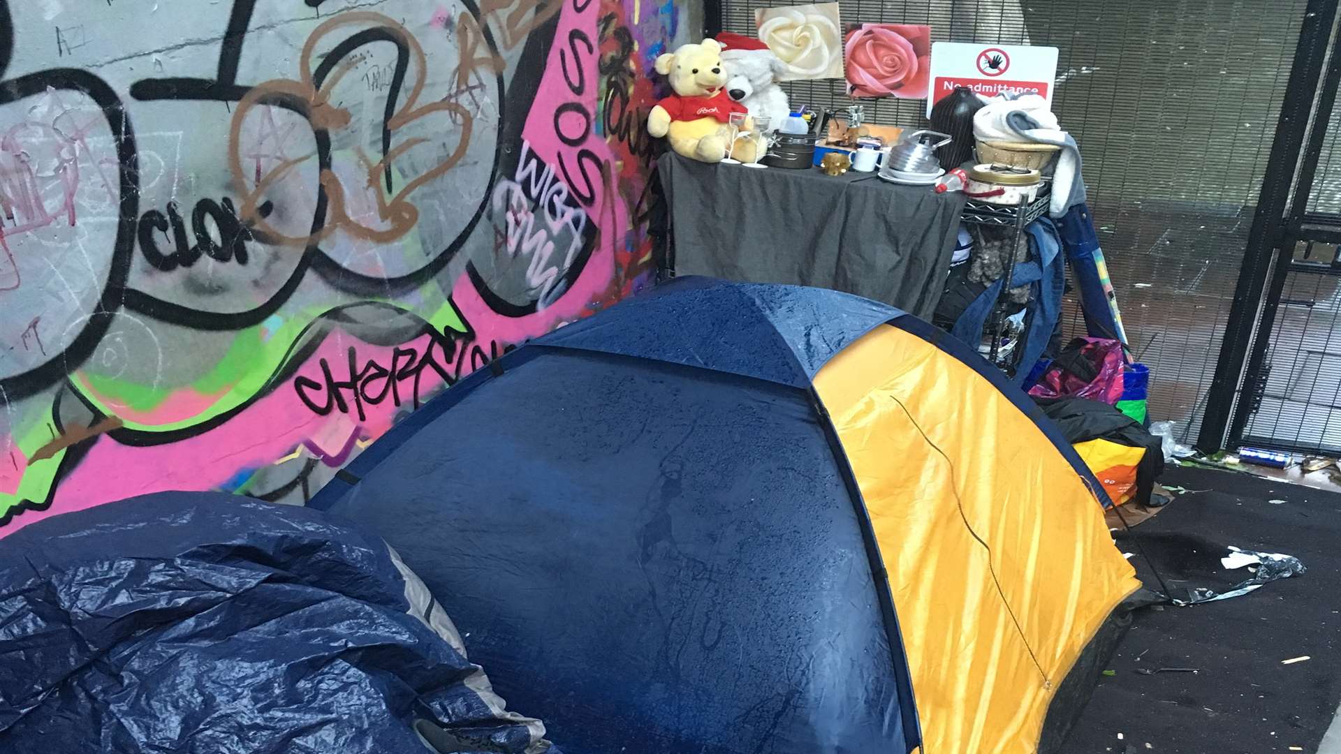 The couple are living in this tent