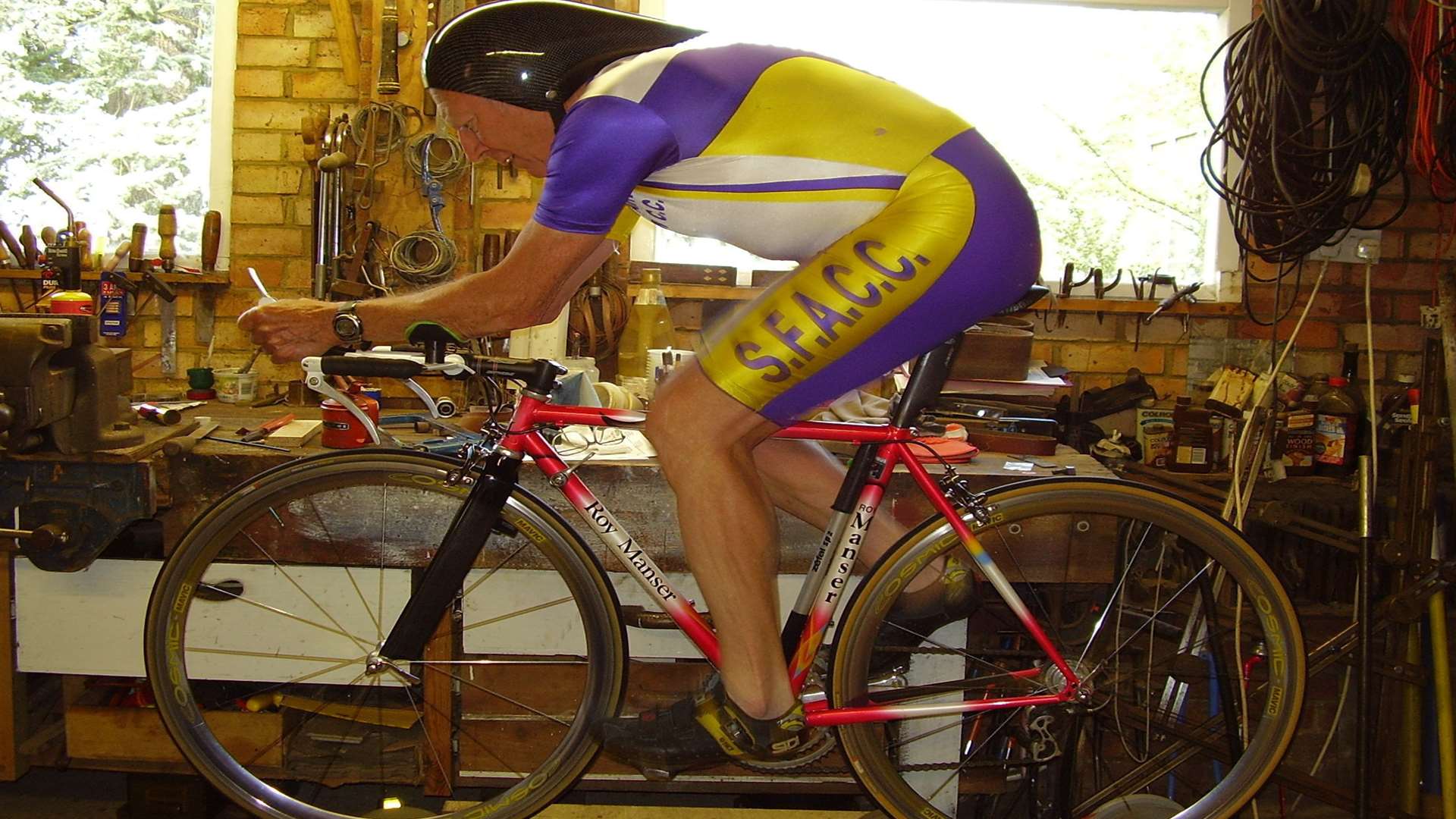 Roy Manser testing one of his own frames in his workshop