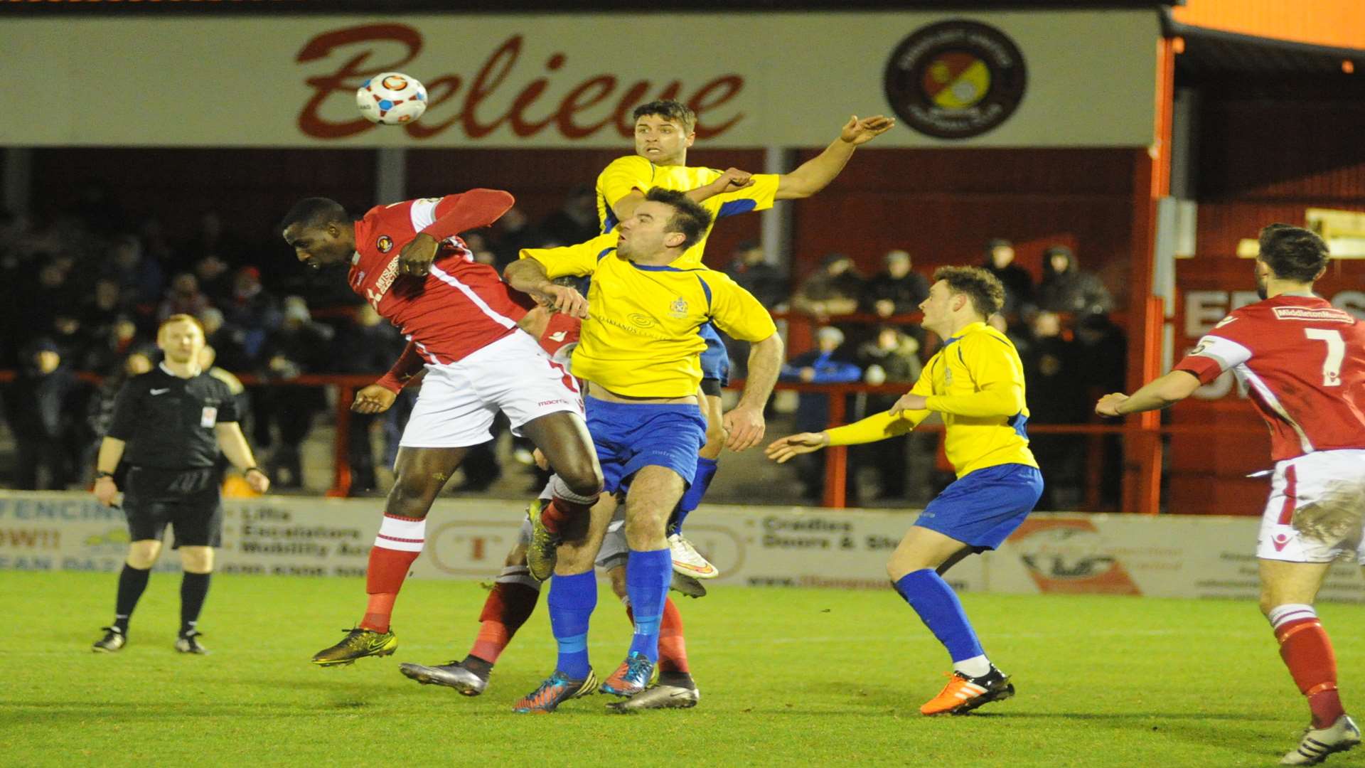 Anthony Acheampong goes up for a header in the St Albans box Picture: Steve Crispe