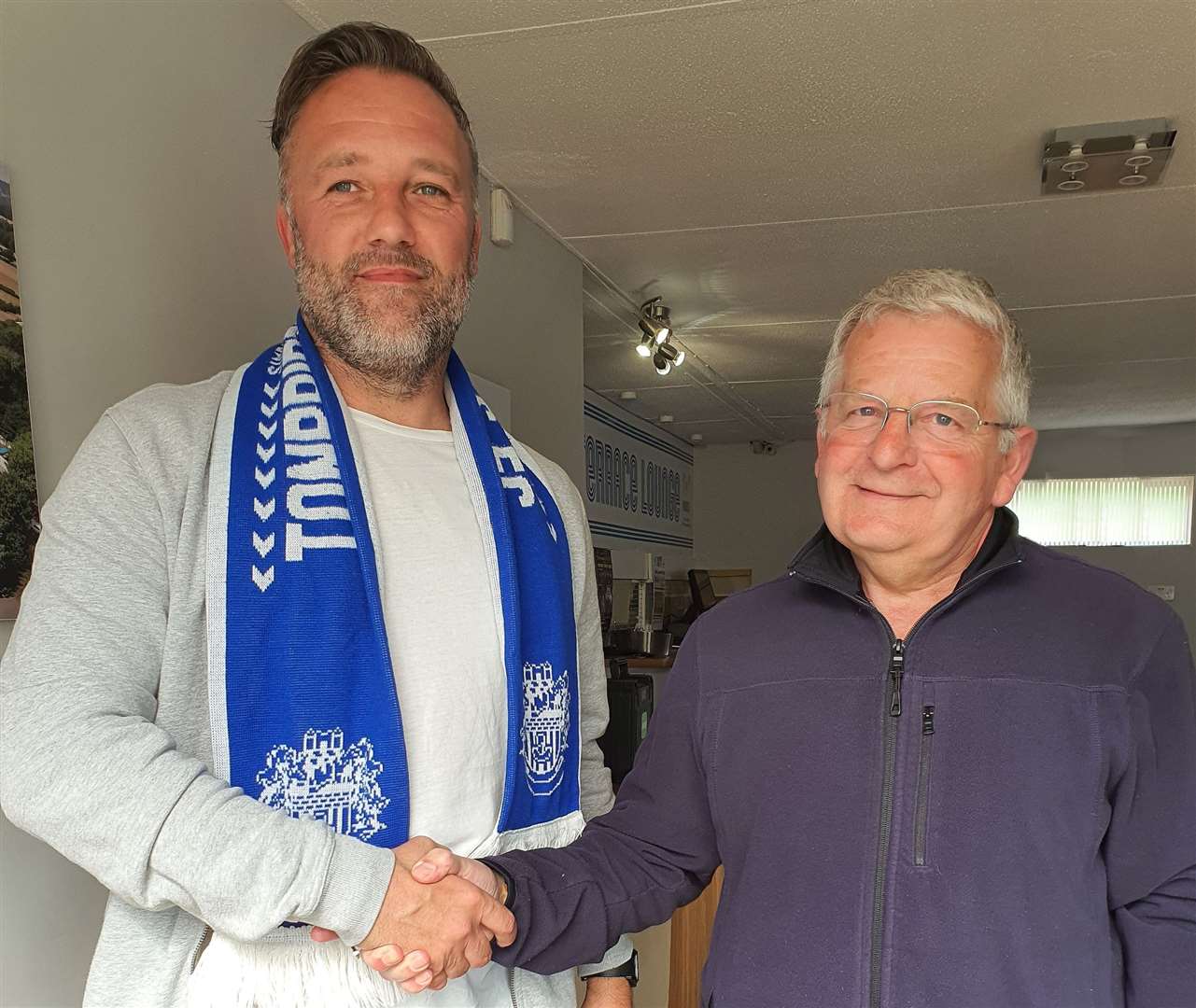 Tonbridge Angels chairman Dave Netherstreet with new manager Jay Saunders. Picture: David Couldridge