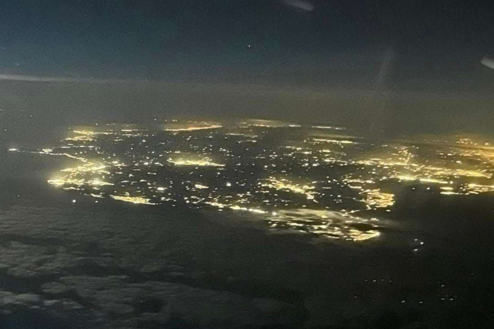 The Kent coastline as seen from the sky at night