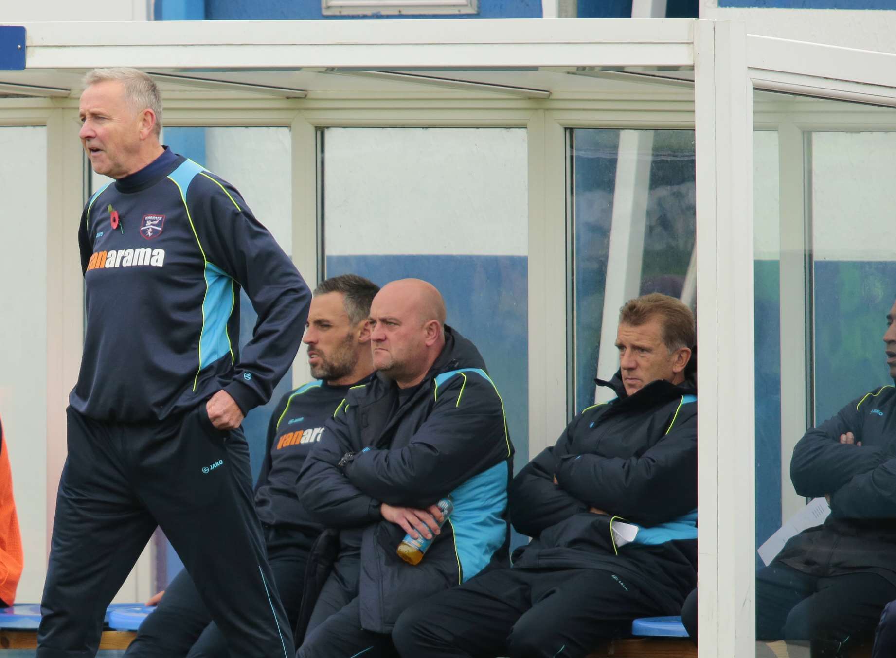 Margate assistant manager Stuart Cash (extreme right) and boss Terry Brown look on as Margate exit the FA Cup against Forest Green Rovers.