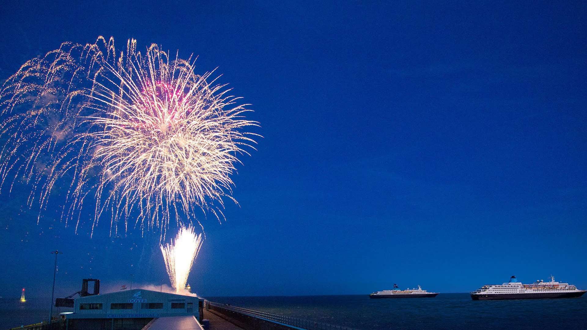 The fireworks set off as the two Saga cruisers sail out of Dover. Image courtesy of Saga Cruises.