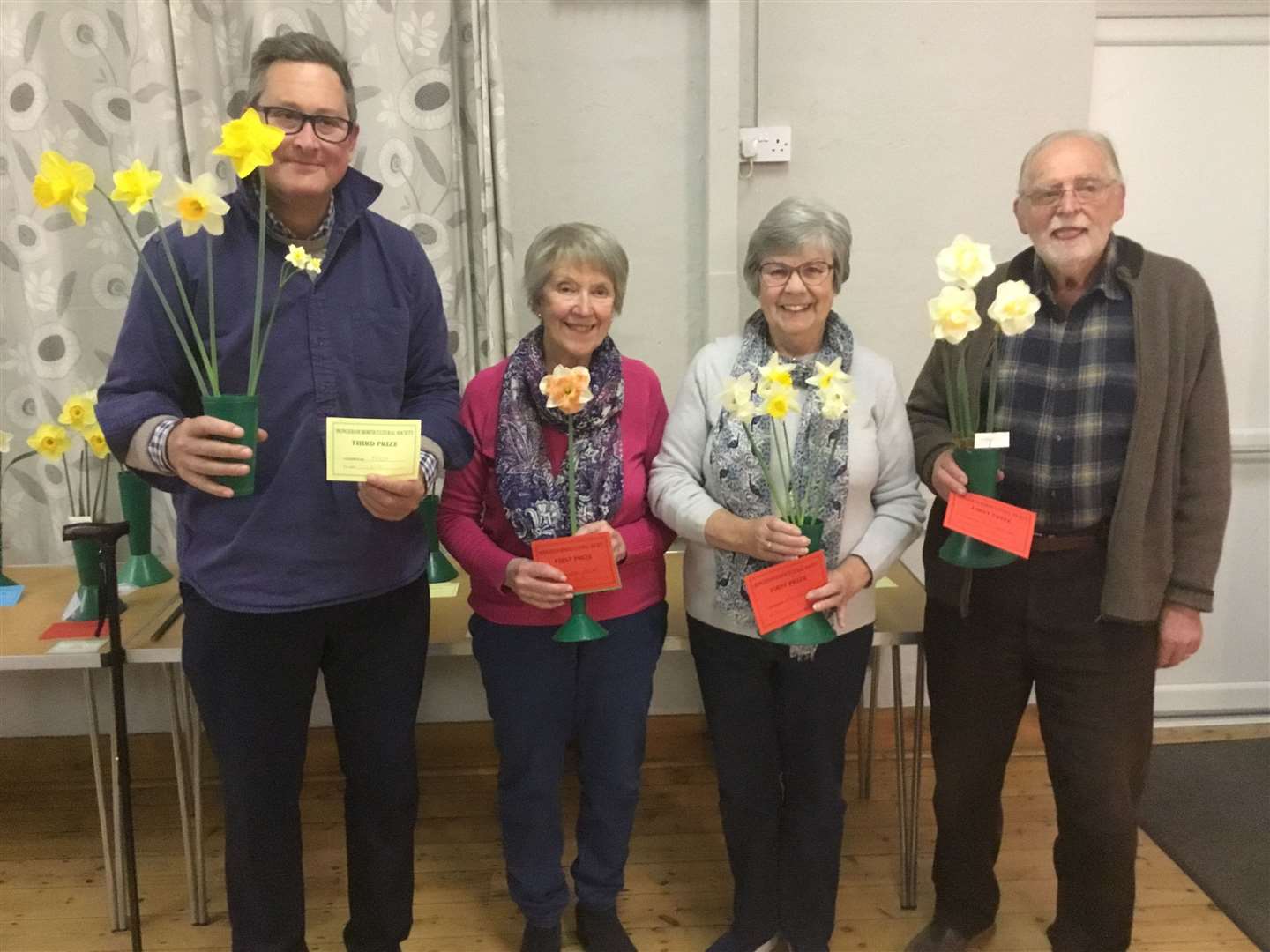 Photo of prize winners with their exhibits, l. to r, Fred Arvidssson, Jan Aplin, Marlene Walker, Bill Haynes. Great Mongeham Horticultural Society
