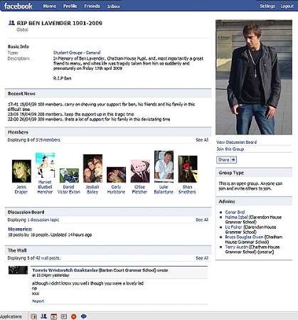 A screen shot of the Facebook page dedicated to Ben Lavender (taken on Tuesday)