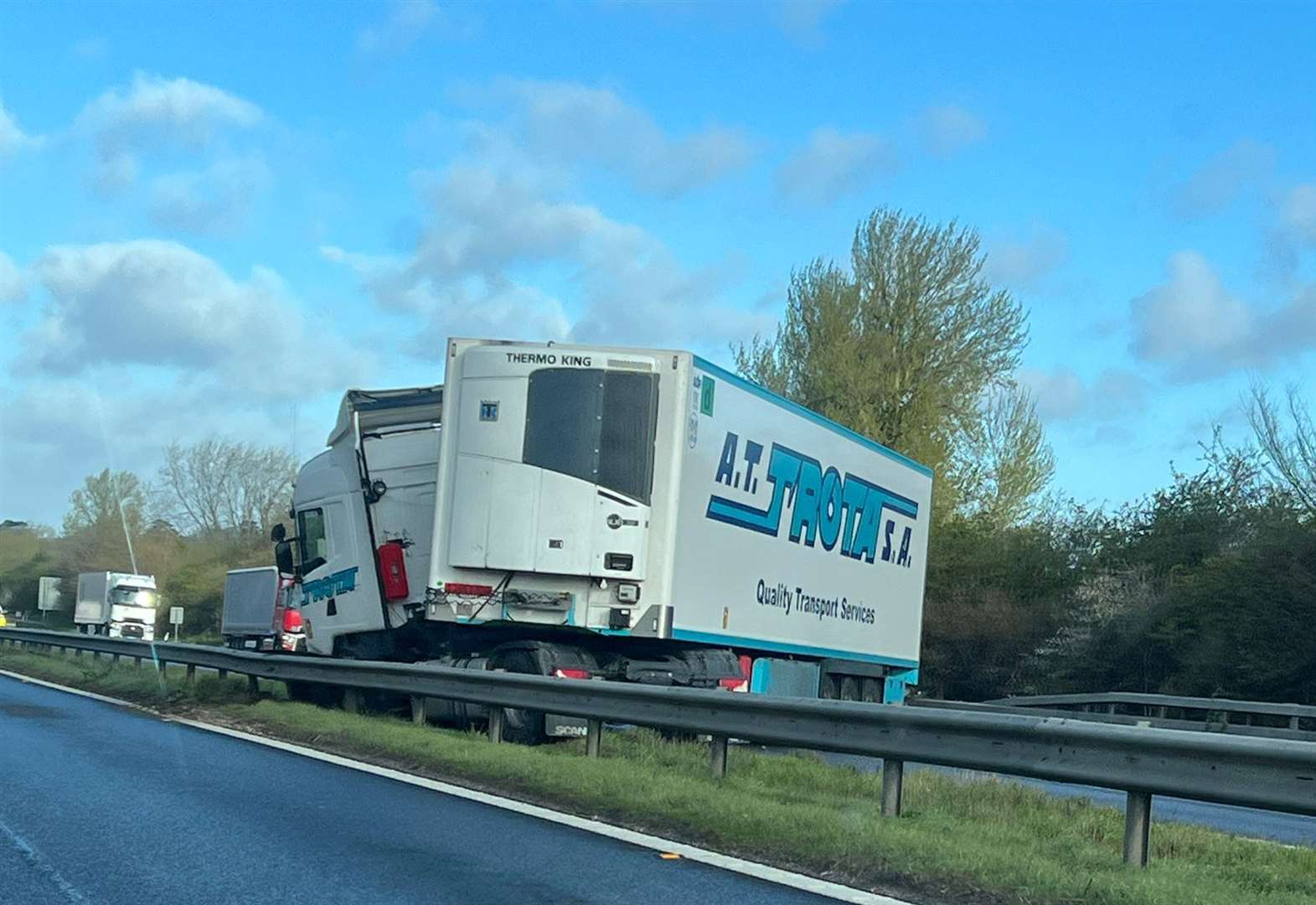 The jackknifed lorry on the coastbound M20 near Junction 10 for Ashford. Picture: Barry Goodwin