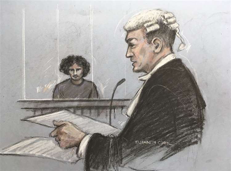 Court artist sketch of Danyal Hussein (left), listening to prosecutor Oliver Glasgow QC at the Old Bailey (Elizabeth Cook/PA)