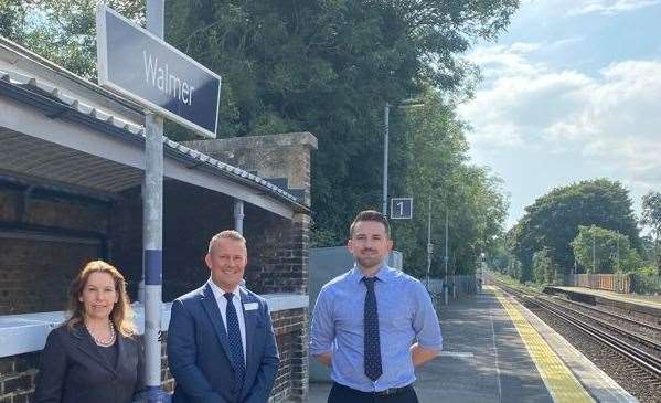 Mrs Elphicke at Walmer station with area manager, Kevin Warn and station manager, Chris Fagg. Picture: Office of Natalie Elphicke MP