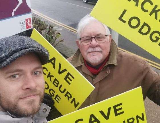 Left to right: David Sawyer and his son Liam protesting outside Blackburn Lodge care home in Sheerness