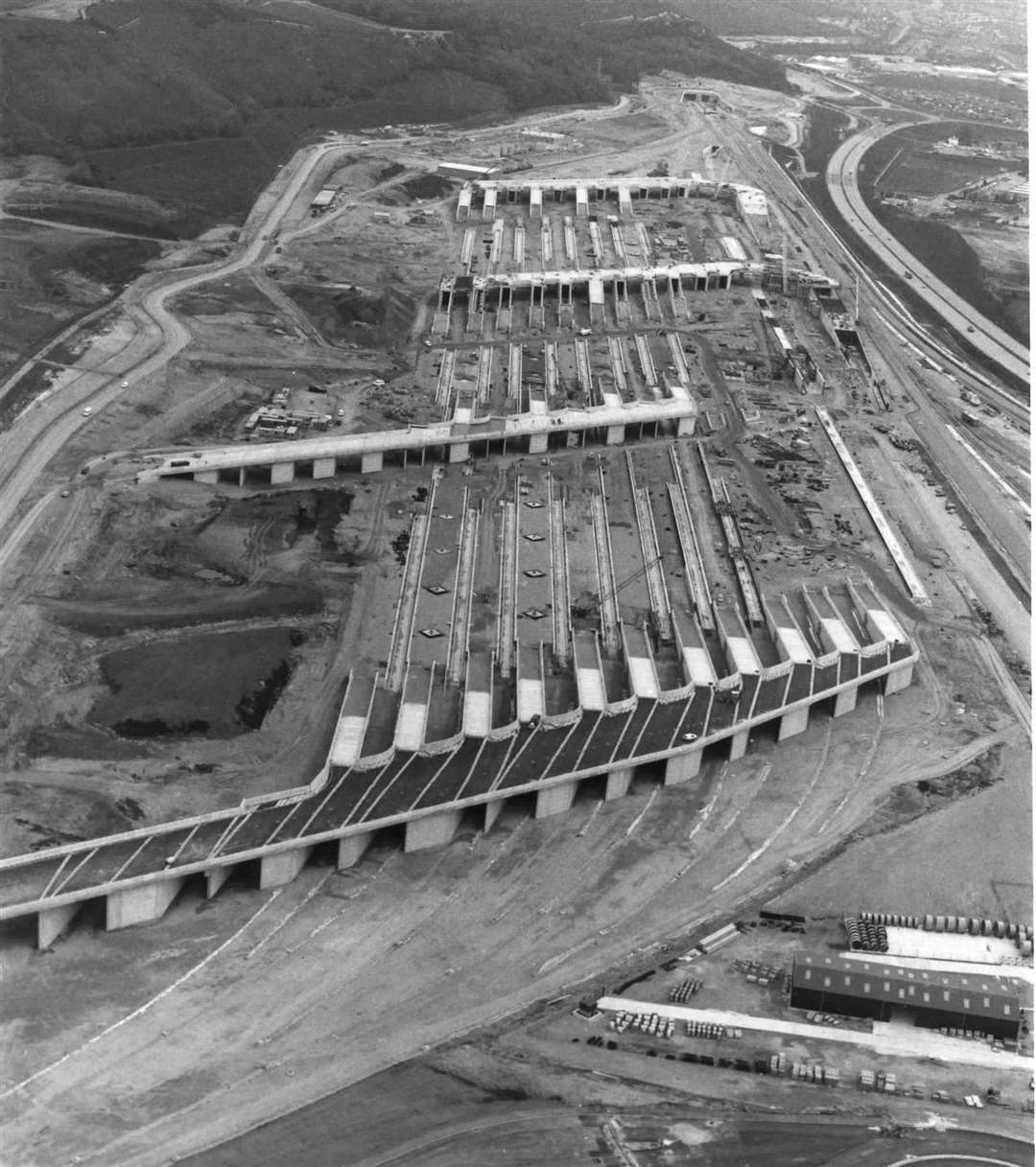 Aerial view taken in May 1991 of the building of the Channel Tunnel Folkestone terminal site