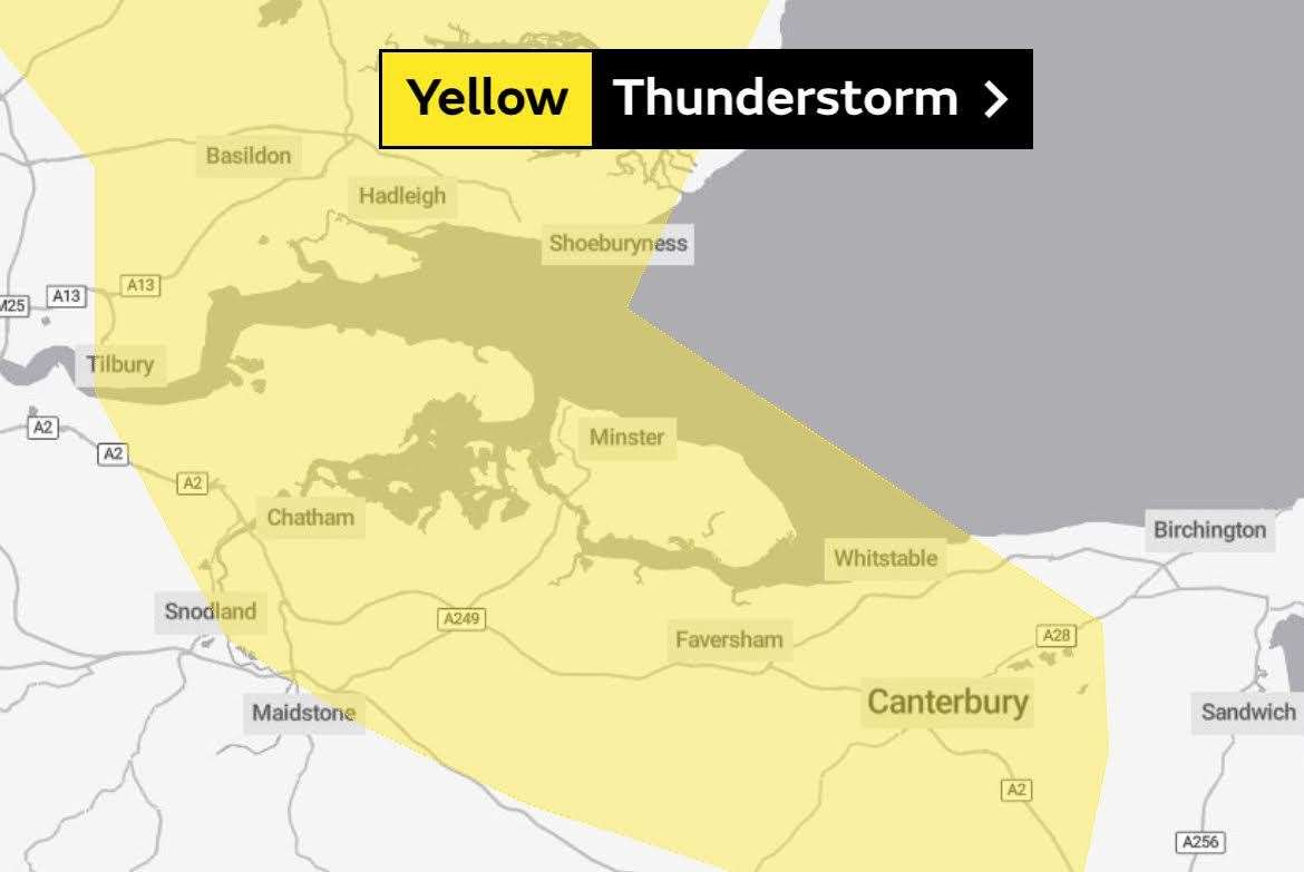 A yellow weather warning has been issued for thunderstorms across part of the county. Picture: The Met Office