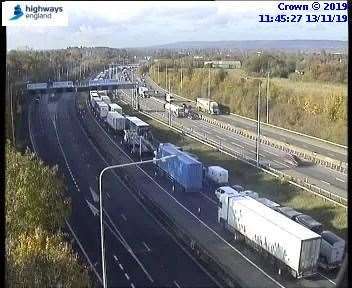 Traffic is queing along the M20