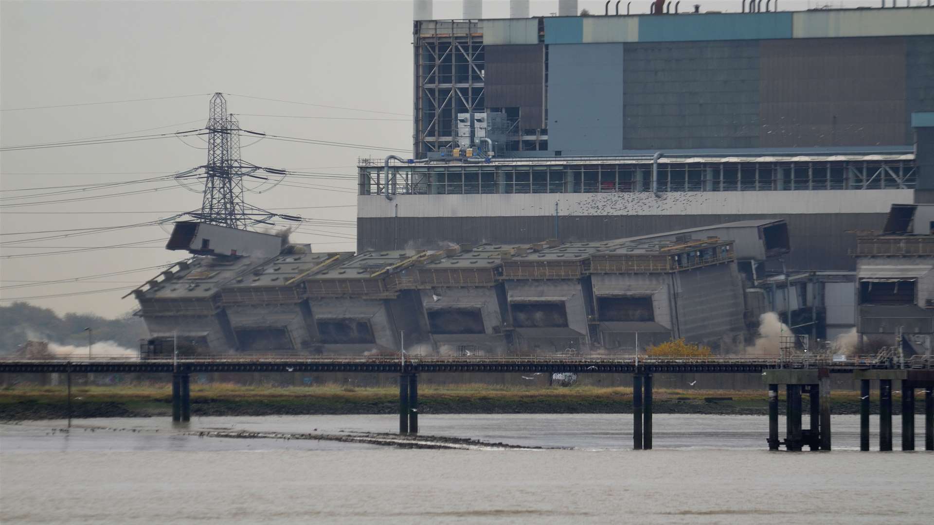 The explosion takes hold at Tilbury Power Station. Picture: Jason Arthur
