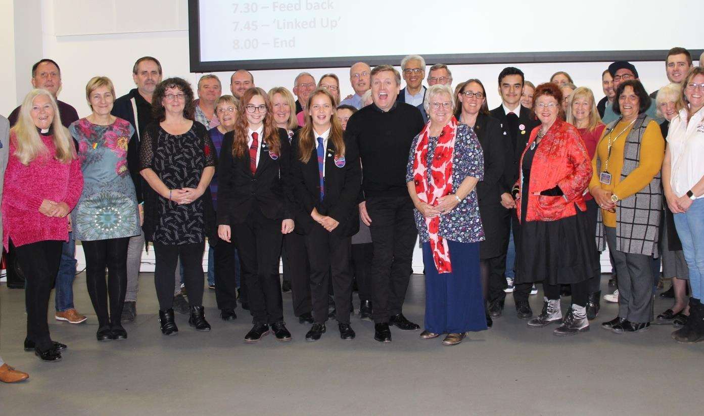 Aled Jones with members of the Sheppey Development Forum at the Minster campus of the Oasis Academy when he visited Sheppey to record an episode of the BBC TV programme Songs of Praise
