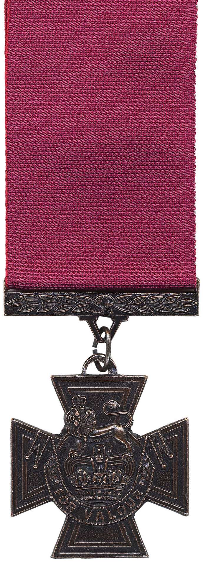 A British Victoria Cross with a crimson ribbon