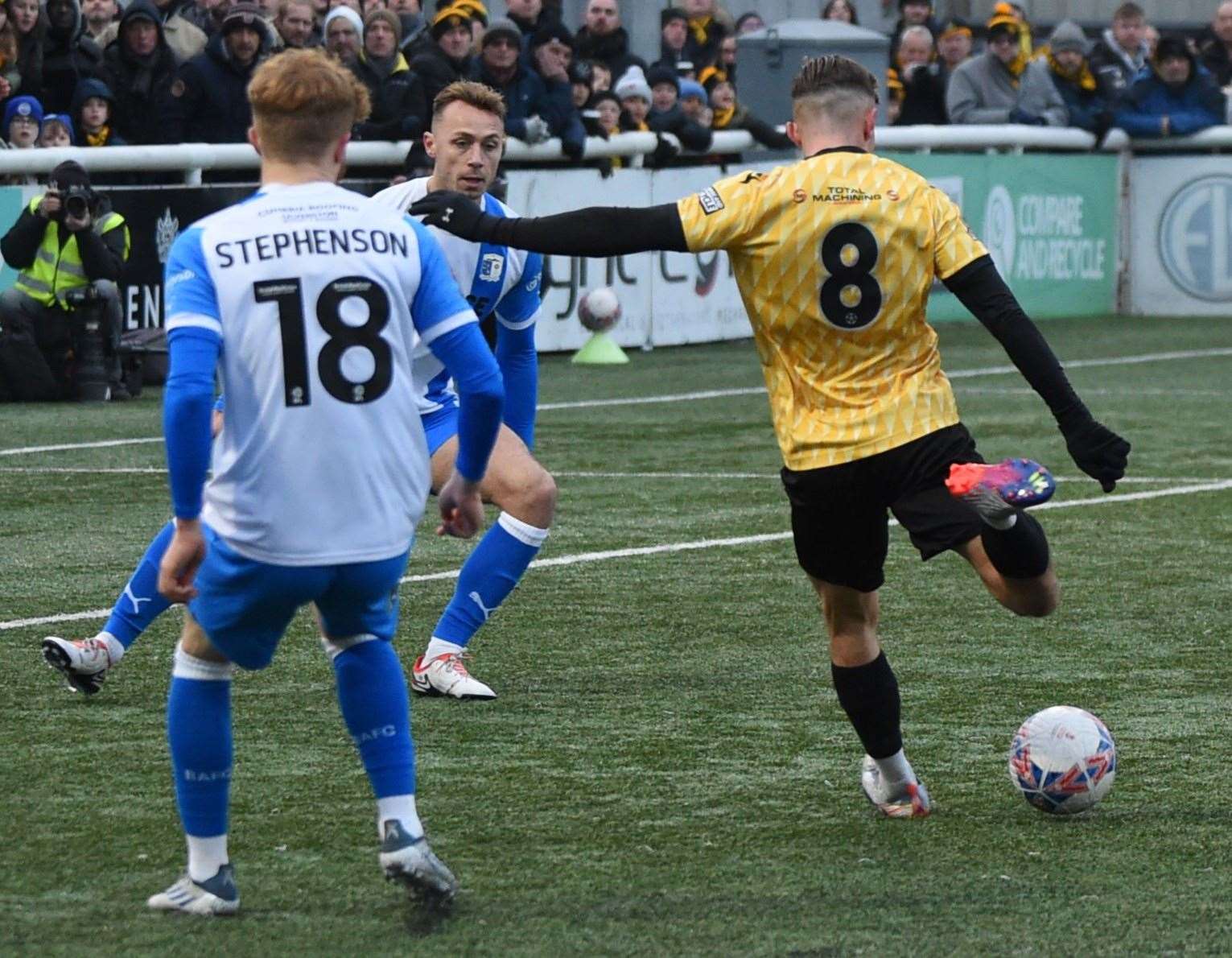 Sam Corne makes it 1-1 between Maidstone and Barrow in the FA Cup second round. Picture: Steve Terrell