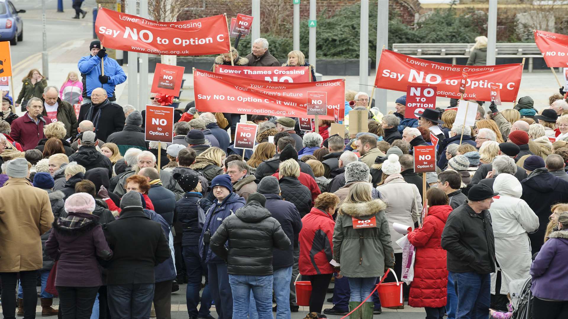 A protest in Community Square, Gravesend