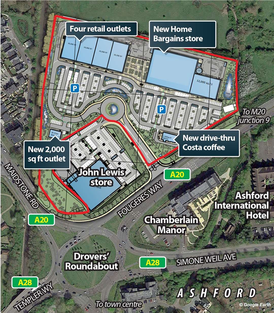 A map showing where the 'Drovers Retail Park' is set to go